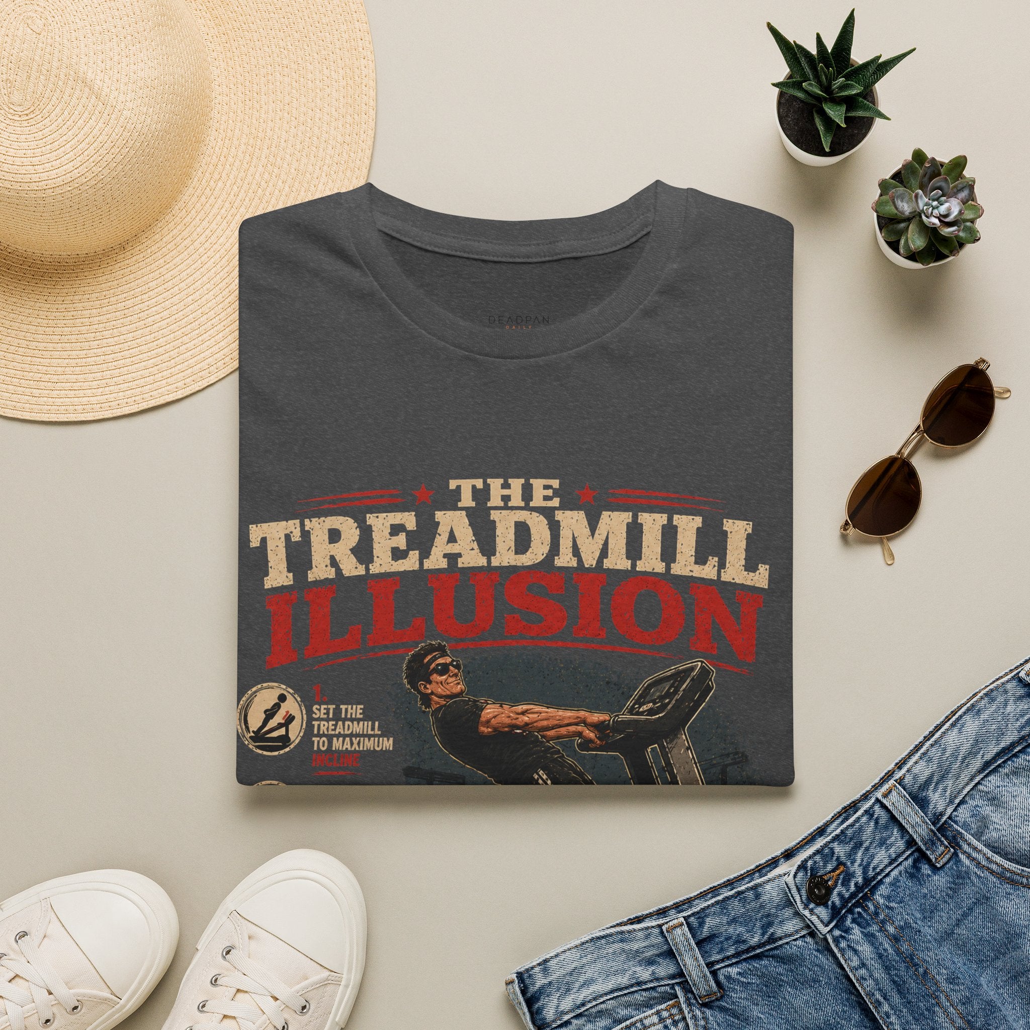 T-Shirt — The Treadmill Illusion Vintage Fitness Tee (“You Are Now Just Standing at an Angle”)