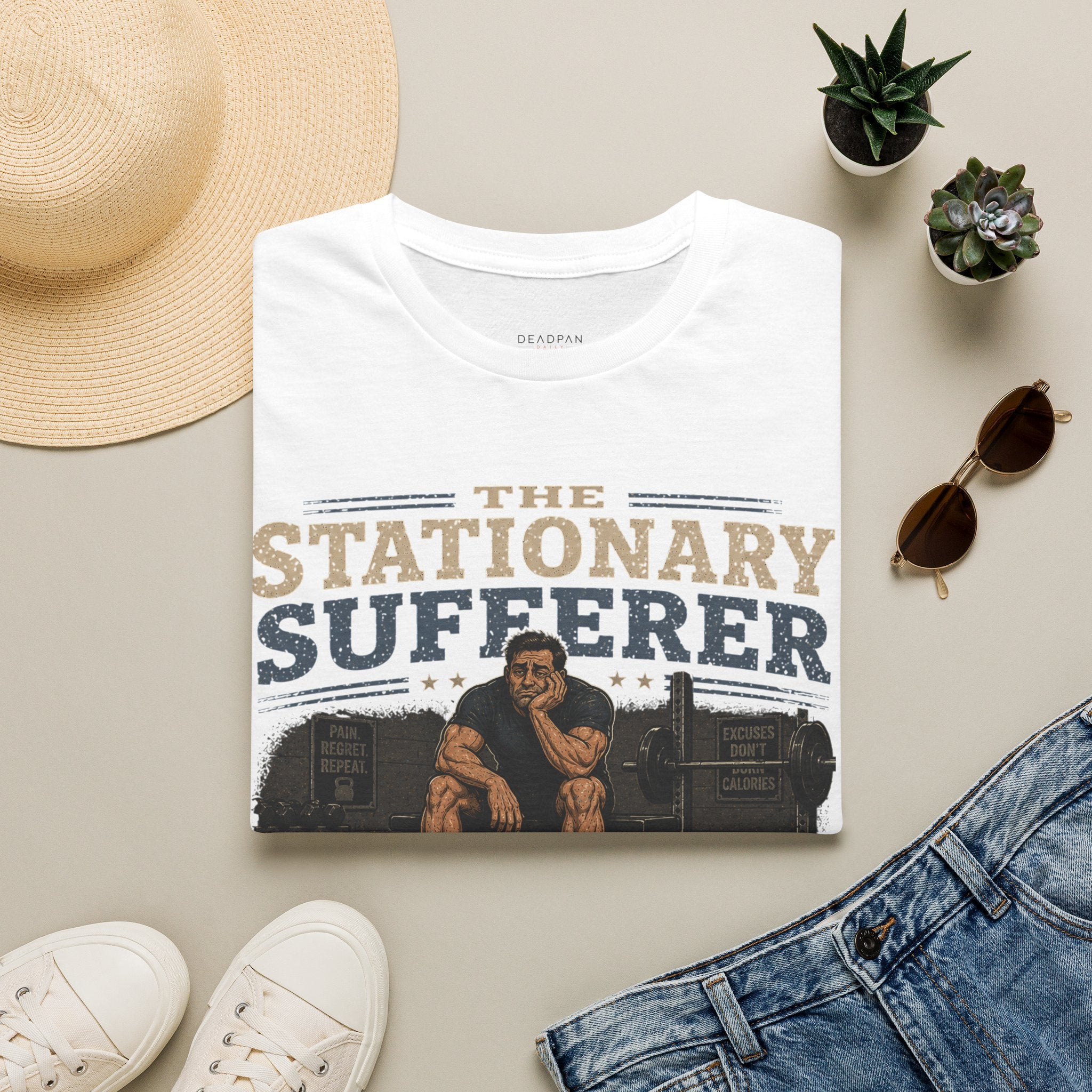 The Stationary Sufferer T-Shirt — Funny Gym Humor Weightlifting Tee