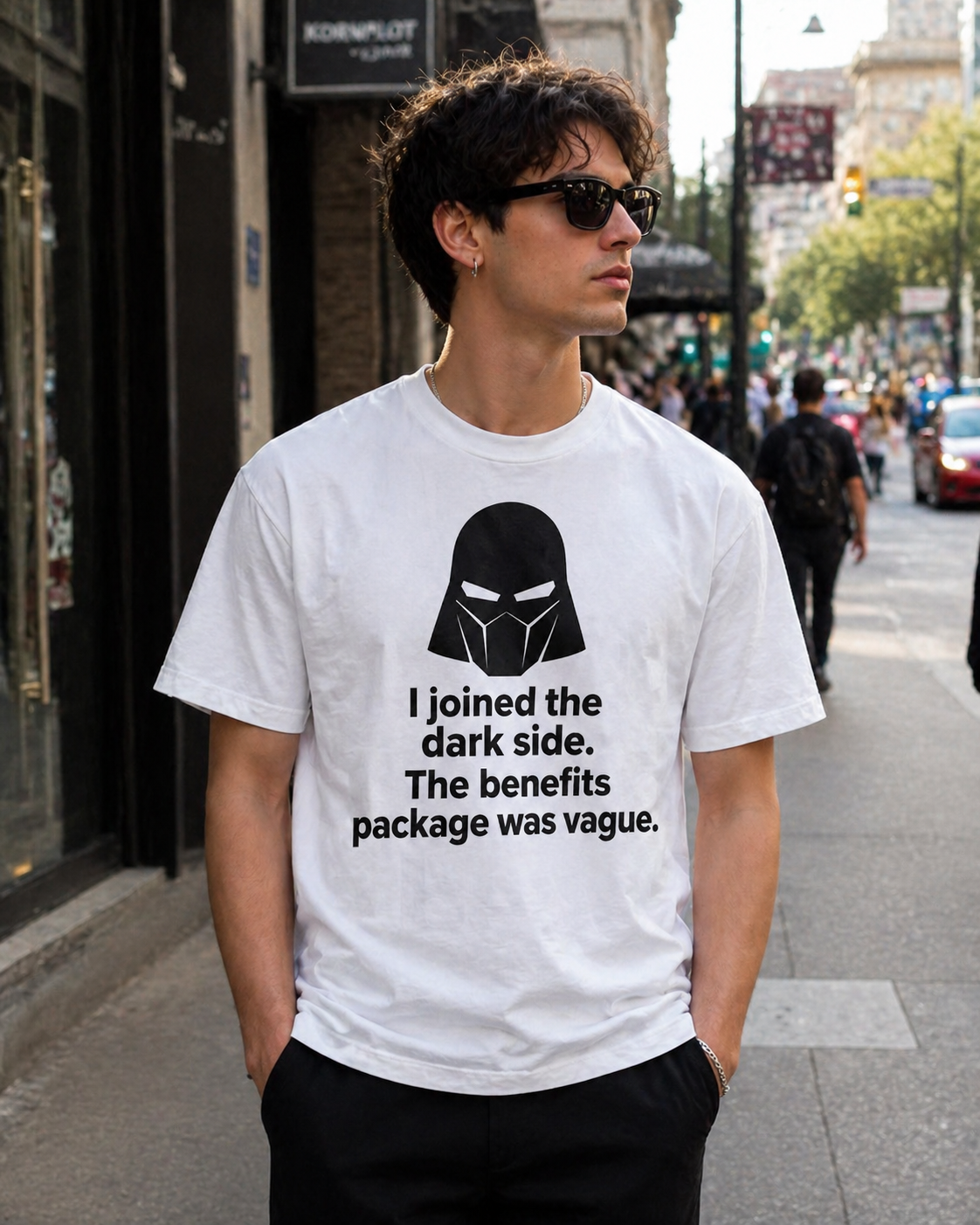 Dark Side Joke T-Shirt — "I joined the dark side. The benefits package was vague."