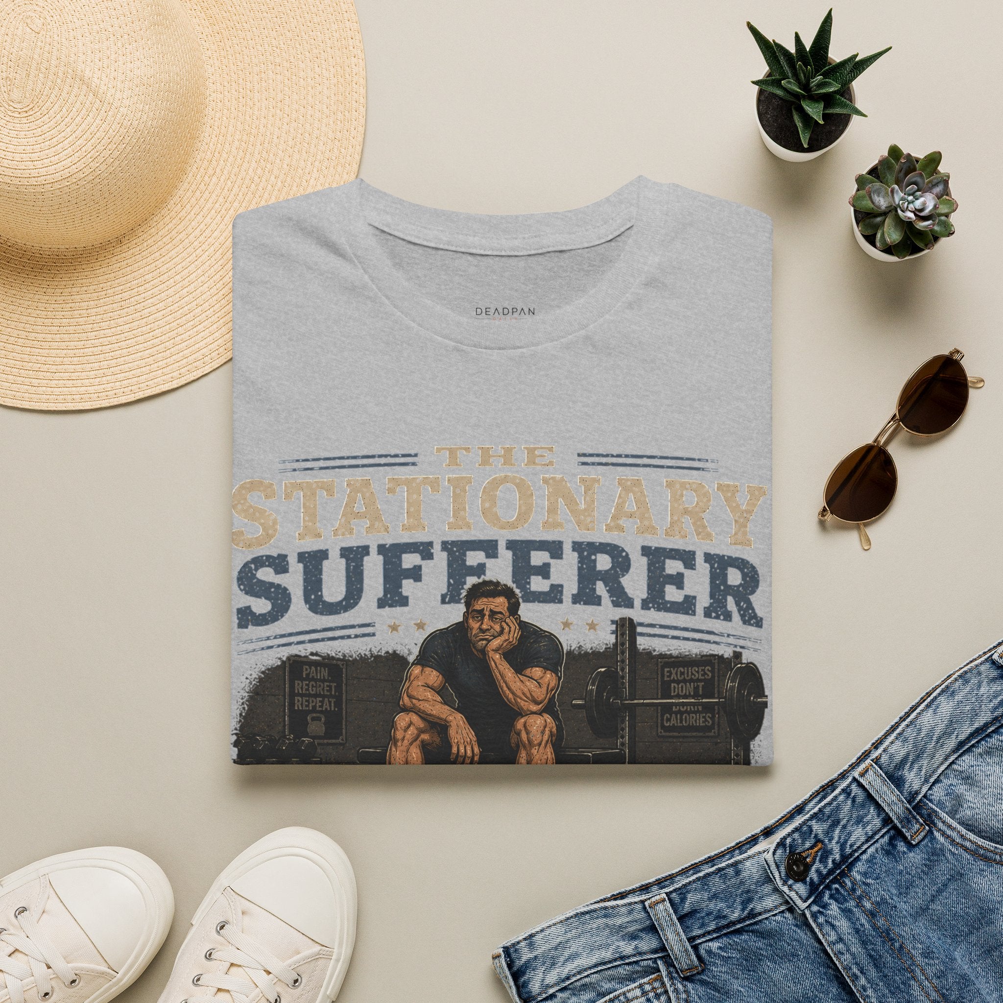 The Stationary Sufferer T-Shirt — Funny Gym Humor Weightlifting Tee