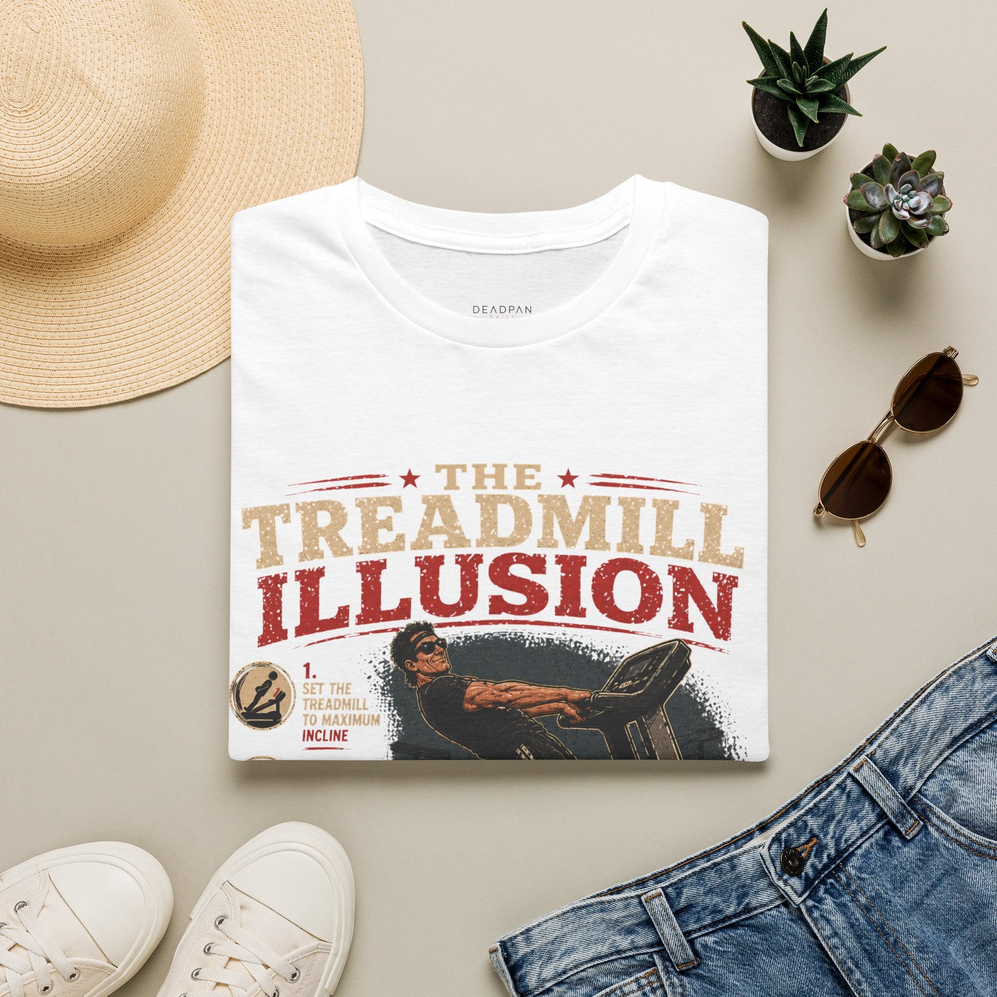 T-Shirt — The Treadmill Illusion Vintage Fitness Tee (“You Are Now Just Standing at an Angle”)