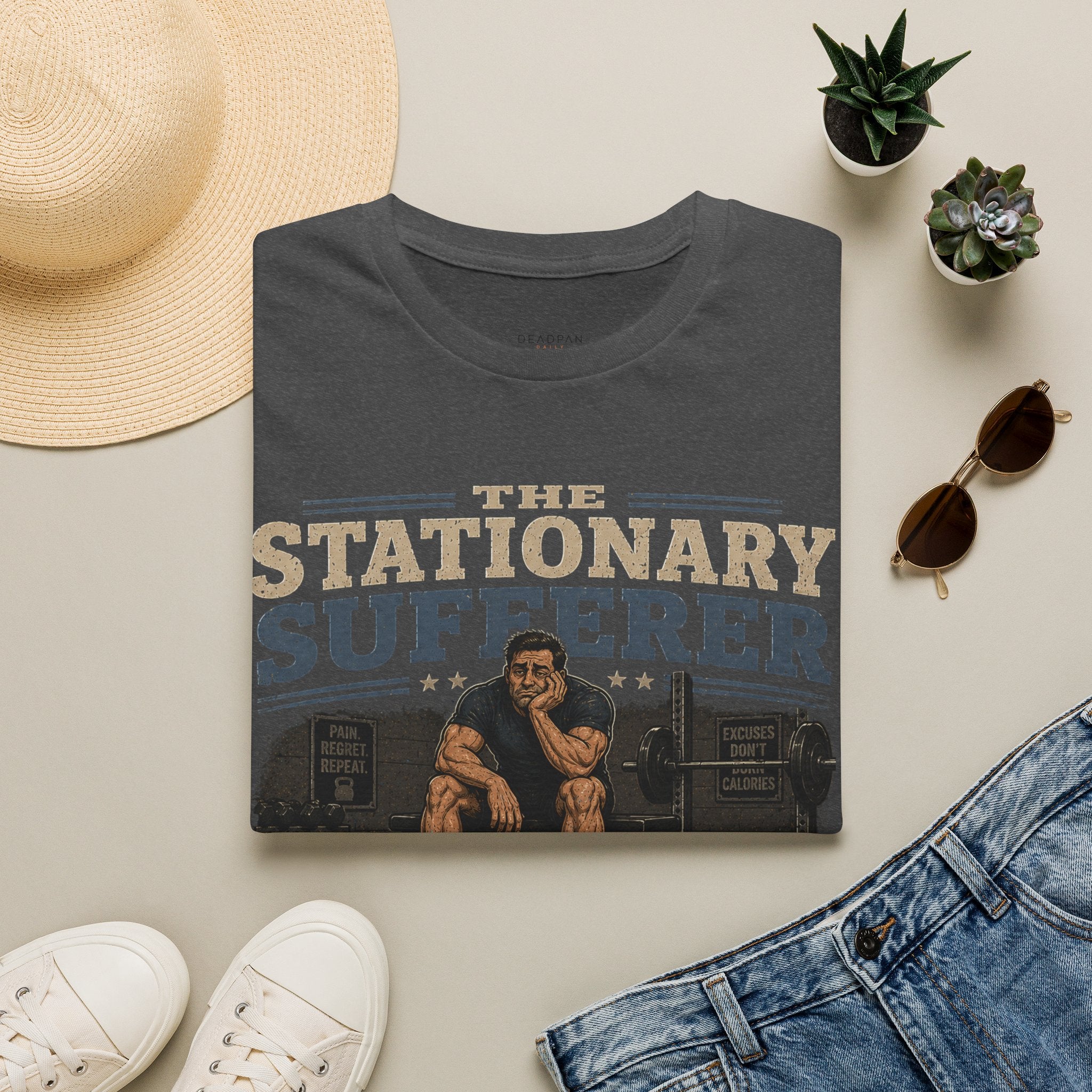 The Stationary Sufferer T-Shirt — Funny Gym Humor Weightlifting Tee